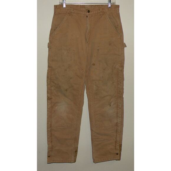 Carhartt Mens Fleece Lined Canvas Carpenter Pants 32 x 34 Dble Knee Brown Stains - Picture 1 of 3